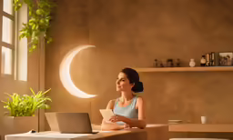 a woman sitting in front of her laptop at a table