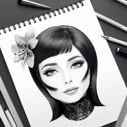 a woman in black and white is drawn with pencil