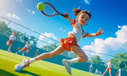 a young girl holding a tennis racquet on top of a green field