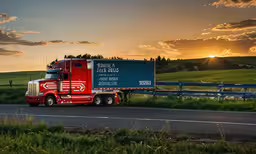 red semi truck parked next to the highway at sunset,large truck driving down the road in rural countryside