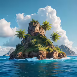 a tropical island with palm trees and a boat