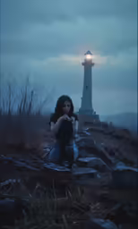 woman kneeling on rocky ground by a light house