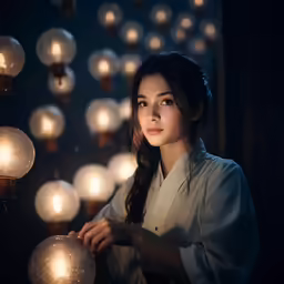 a woman is looking up at the ceiling full of balls