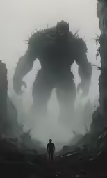 a silhouette of a man standing in front of a giant creature