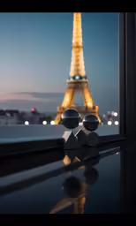 two balls are placed on top of a window sill with the eiffel tower in the background
