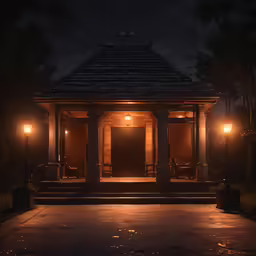 a porch lit up by two lights at night
