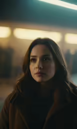 a young woman with long brown hair standing in a dimly lit room