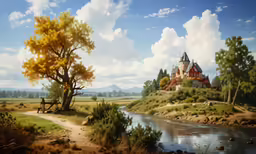 a painting of a castle and some water