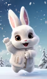 a cute bunny is running in the snow,a cartoon bunny dressed in winter clothes running in the snow