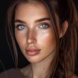 a girl with freckles looks at the camera,a girl with freckles looking to her left