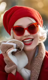 a woman is wearing red sunglasses and holding a stuffed animal