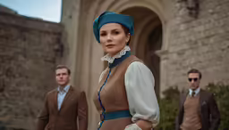 the men are walking near a woman wearing a hat
