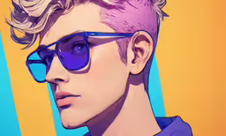 a woman wearing sunglasses and a blue shirt,a drawing of a man with pink hair, sunglasses and a dress