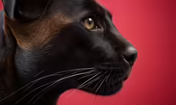 the head and chest of a black dog against a red wall