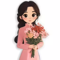 a woman holding a bunch of flowers wearing a pink jacket