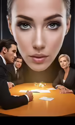 a woman and two men sit at a table with a robot on it