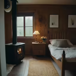 this is a bedroom with wood paneling and a wood stove