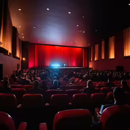 an empty auditorium with red curtains and a man standing in front of a laptop