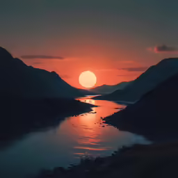the sun setting over a river in the mountains