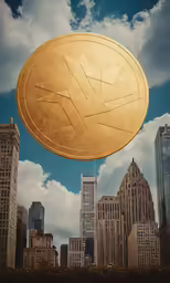 the image shows a huge gold sign floating over the city