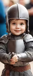 a child wearing a helmet and armor in front of people