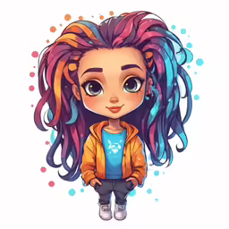 a colorful little girl with long, blue and pink hair