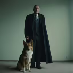 a person in a suit and a dog
