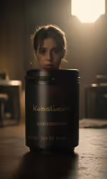 a can sitting on a table looking up at someone in the dark