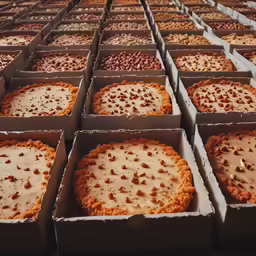 many square boxes filled with lots of desserts