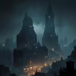 the tower building is lit up by street lights