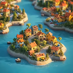 an island covered in miniature houses in the middle of a body of water