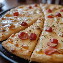 a pizza that is on a plate with some toppings