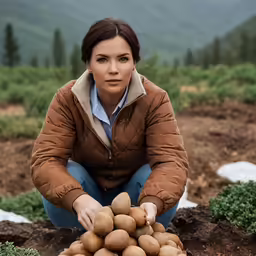 a woman holding potatoes over a bed of vegetables