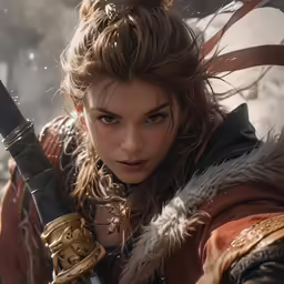 the woman dressed in armor holds two large swords