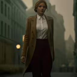 the woman is walking through the city alone