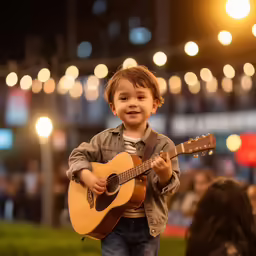 a child is playing guitar in front of people at an event