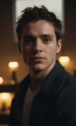 a close up of a person with a serious face