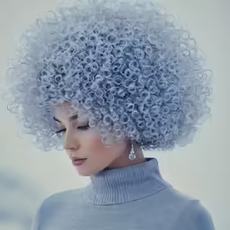a woman with grey curly hair wearing a blue sweater