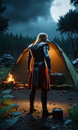 a person in costume standing in front of a tent,the man is looking at the sky outside of a tent