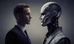 a man looking at a robot with the head of the robot