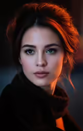woman with blue eyes wearing a dark coat