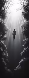a person walking away from the camera in the woods