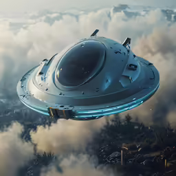 an alien spaceship flying through the clouds