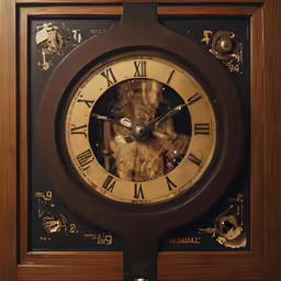 a wooden clock with black dials and numbers