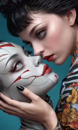 a woman holding onto a white mask and looking at the camera