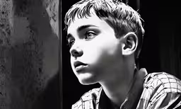 a boy with his eyes closed staring off into the distance,a young boy looks out the doorway, with his eyes close to the ground