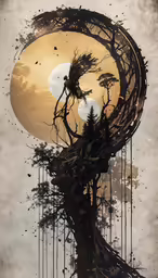 a tall tree standing next to a painting of sun