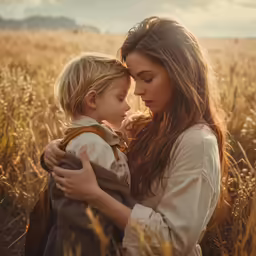 a woman holding her son in a field