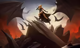 a woman dressed as a devil flying in the sky over mountains and rocks