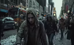 the man is walking on the sidewalk and staring at the camera